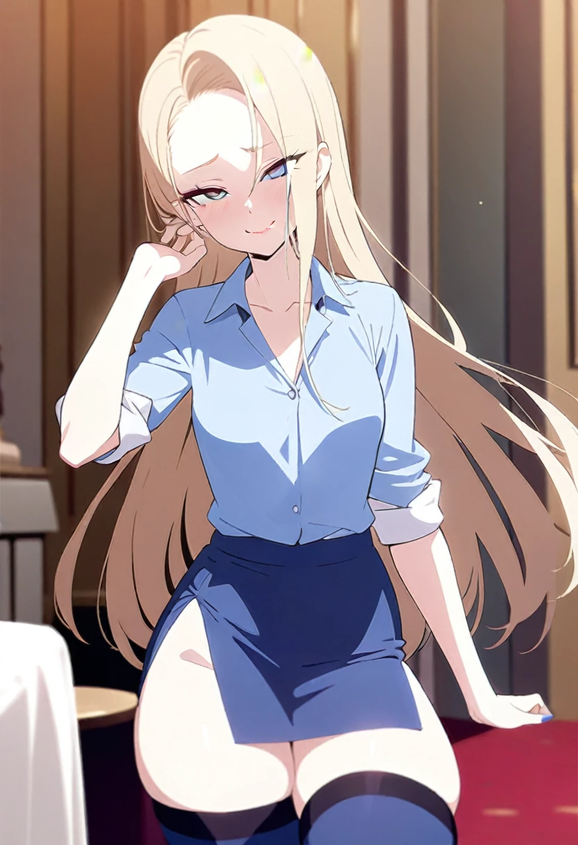 1 girl, (masterpiece), best quality, expressive eyes, perfect face, blonde, long hair, fringe, blue eyes, blue elegant shirt, blue skirt, adult, blue thigh highs, thicc thighs, smug, small breasts