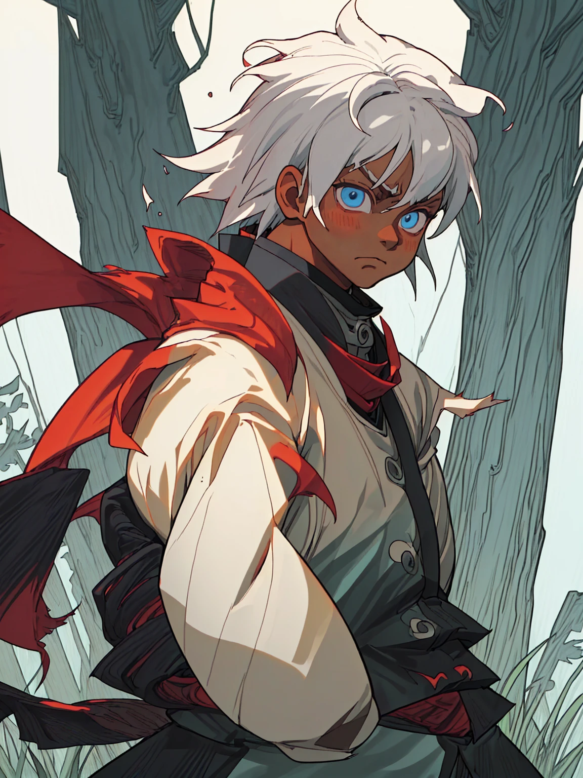 ((masterpiece,best quality,1boy,male focus,masculine,solo,closed mouth,teenager,muscle,muscular)),((((white hair,short messy hair)))),((pale blue eyes,perfect eyes,glowing eyes,perfect face,serious demeanor)),(((dark skin color,standing still,caramel skin color,multicolored haori,white haori,black haori,red scarf,demon slayer outfit))),((forest background,trees,walking on path,grass))