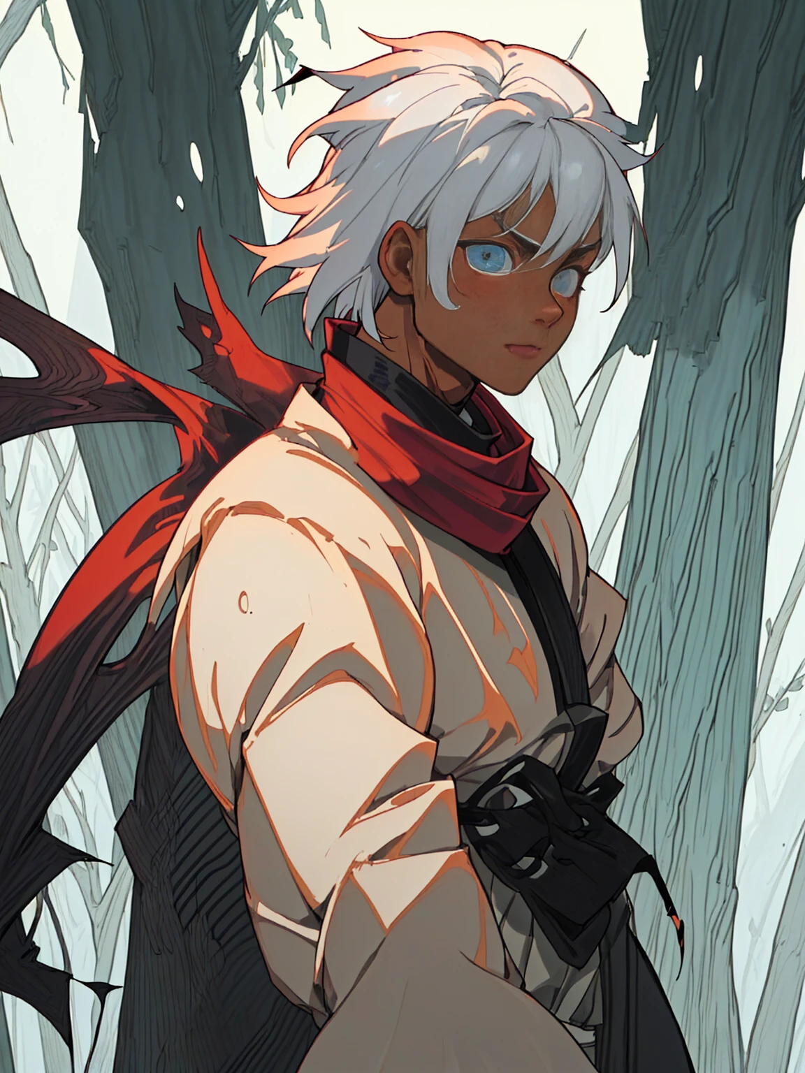 ((masterpiece,best quality,1boy,male focus,masculine,solo,closed mouth,teenager,muscle,muscular)),((((white hair,short messy hair)))),((pale blue eyes,perfect eyes,glowing eyes,perfect face,serious demeanor)),(((dark skin color,standing still,caramel skin color,multicolored haori,white haori,black haori,red scarf,demon slayer outfit))),((forest background,trees,walking on path,grass))