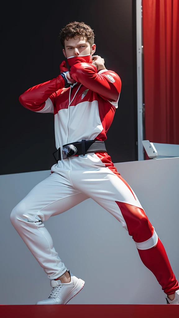 Jamie dornan as a((power rangers)), One guy、 Red costume, Solo, ((Slim figure)), (Anatomically correct), Cowboy shot, masked face, (Red composite tracksuit), (Well-designed hero set), Suitable for complex production lines, Thin one-piece influencer suit, Long leather gloves to white elbows,,,,, The arm sleeve is made of hard material, White leather boots, Wearing a full-face helmet, (White belt), (Large metal clasp), (Full body suit), (Full face helmet,No exposed face), Crystal embedded in the helmet, (Very shiny sportswear), Silk weave set, gym clothes that adhere to the body,dynamicposes