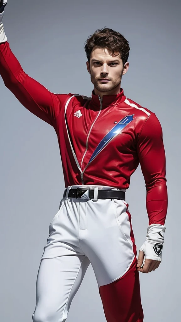Jamie dornan as a((power rangers)), One guy、 Red costume, Solo, ((Slim figure)), (Anatomically correct), Cowboy shot, masked face, (Red composite tracksuit), (Well-designed hero set), Suitable for complex production lines, Thin one-piece influencer suit, Long leather gloves to white elbows,,,,, The arm sleeve is made of hard material, White leather boots, Wearing a full-face helmet, (White belt), (Large metal clasp), (Full body suit), (Full face helmet,No exposed face), Crystal embedded in the helmet, (Very shiny sportswear), Silk weave set, gym clothes that adhere to the body,dynamicposes