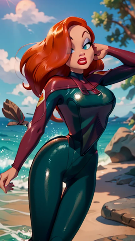 Masterpiece, Perfect Body, toned athletic body, hd, full detailed, jessica rabbit, dark orange hair, detailed eyes, perfect eyes, ultrarealistic green eyes, pink eye make up, ultrarealistic red lipstick,  (wearing wetsuit:1.3), ( diving in ocean:1.3),  seductive look, seductive pose, looking at viewer,