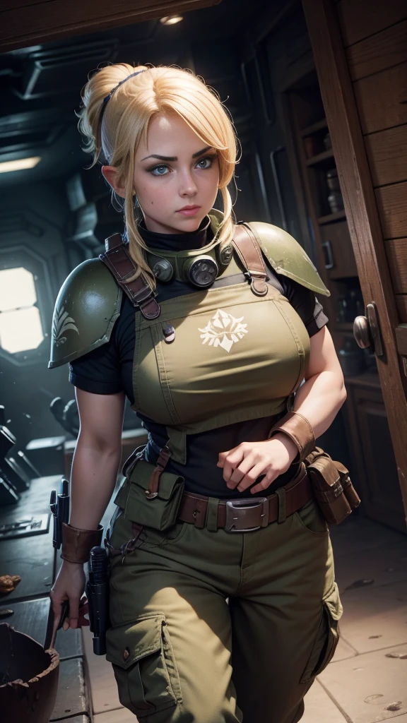 (high-angle shot), warhammer 40k imperial guardsman, ((female dwarf)). blonde hair, bare hand, hobbit, hafling, pants, (green bulletproof vest), ((large nose)), large expressive eyes, ((in a rusty spaceship)), chubby face, (eye black), black paint under eyes, dirty, holding food