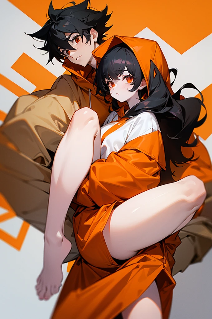 1 guy, black hair slightly curled, oversized orange hoodie, pale white skin, hot