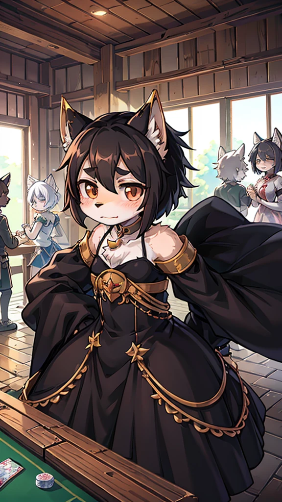 Close-up above the waist，Half side，Poker face狼女孩，Personification狼女孩，Female wolves，Personification，furry，hairy，fuzzy，Body hair，short hair，big，Noble clothing，Dress，Dress，晚Dress，grace，Poker face，Poker face，Poker face ，Black hair，全身灰Black hair，Dark Skin，Dark skin，Black hair，贵族Dress，big耳朵，Wolf Ear Girl，Wolf Tail，cute，Poker face，Unhappy expressions，Melancholy expression，****，grace，Slender figure，Girl-like wolf girl，flat chest，Light and Shadow，indoor背景，indoor，cute，Poker face，cool girl，poker face，Princess dress