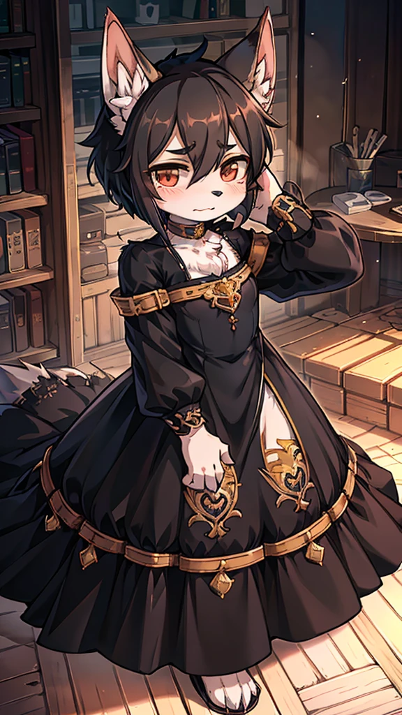 Close-up above the waist，Half side，Poker face狼女孩，Personification狼女孩，Female wolves，Personification，furry，hairy，fuzzy，Body hair，short hair，big，Noble clothing，Dress，Dress，晚Dress，grace，Poker face，Poker face，Poker face ，Black hair，全身灰Black hair，Dark Skin，Dark skin，Black hair，贵族Dress，big耳朵，Wolf Ear Girl，Wolf Tail，cute，Poker face，Unhappy expressions，Melancholy expression，****，grace，Slender figure，Girl-like wolf girl，flat chest，Light and Shadow，indoor背景，indoor，cute，Poker face，cool girl，poker face，Princess dress