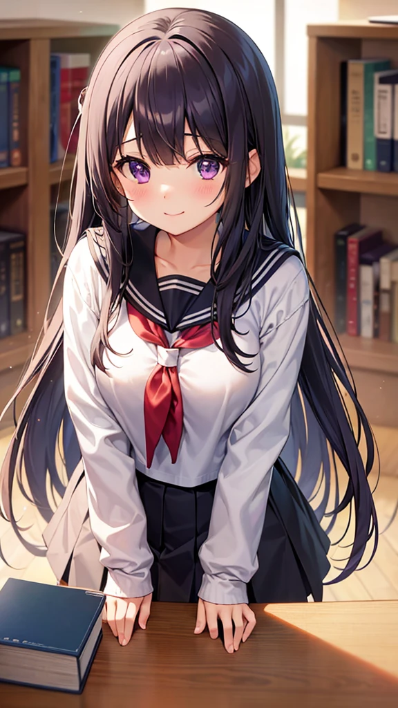 blurry, depth of field, 1girl, bookshelf, , blurry background, solo, serafuku, chitanda eru, long hair, black hair, blurry foreground, purple eyes, looking at viewer, kamiyama high , neckerchief, upper body, bangs, sailor collar, blunt bangs, library, indoors, smile, collarbone, classroom, book, original design, masterpiece, perfect pastel color, straight bangs , full body, (skirt hold), (Law_Angle),