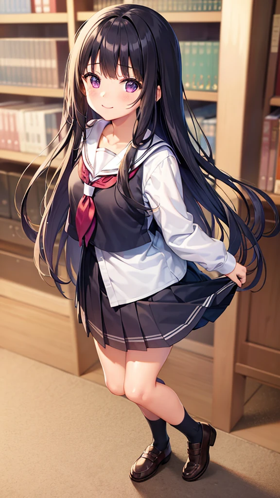 blurry, depth of field, 1girl, bookshelf, , blurry background, solo, serafuku, chitanda eru, long hair, black hair, blurry foreground, purple eyes, looking at viewer, kamiyama high , neckerchief, upper body, bangs, sailor collar, blunt bangs, library, indoors, smile, collarbone, classroom, book, original design, masterpiece, perfect pastel color, straight bangs , full body, (skirt hold), (Law_Angle),