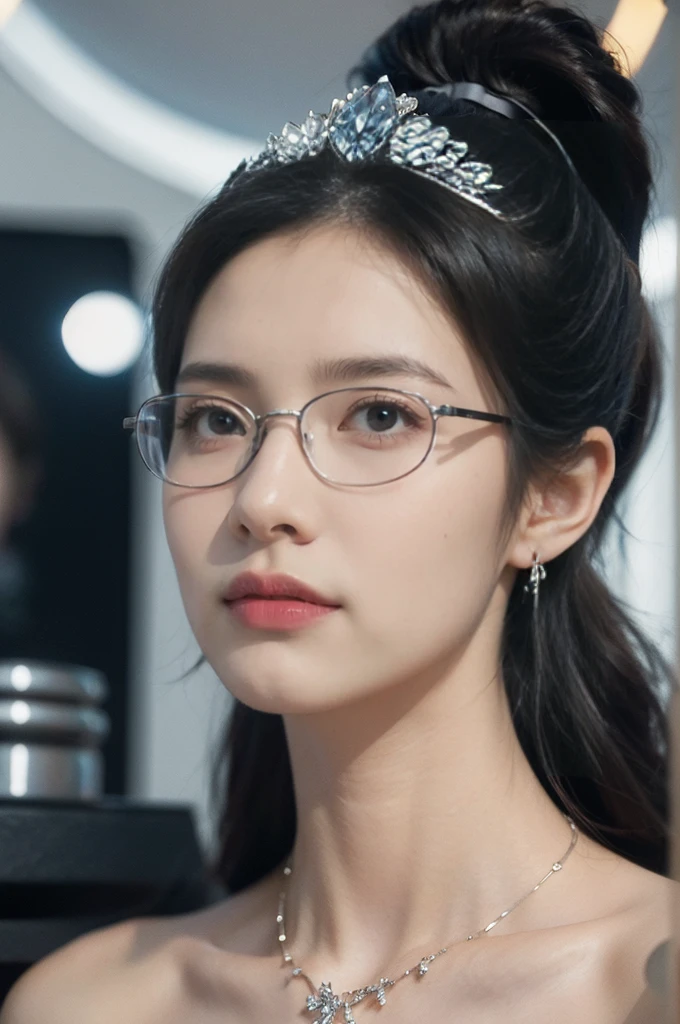 (((best quality))),(((ultra detailed))),(((masterpiece))),illustration,((1 beautiful girl,solo)),((slim,thin)),((small breasts,flat chest)),futuristic laboratory, ((stylish glasses,detailed eyes)), intelligence,((strapless white lab bra)),(short ponytail:1.2), flawless skin,(laughing:1.2),(earrings,crystal necklace), cyberpunk vibe, high-tech equipment, darkened lighting, high-altitude lamps, beakers, flasks, test tubes, computer screens, consoles, terminals, scientific wonderland, desolate surroundings, time warp, motionless, deep in concentration, profound scientific mystery, secrets of the universe, beauty, poignancy, essence of science, mystery, alluring appeal, captivating, enchanting,((close-up of face,from front))