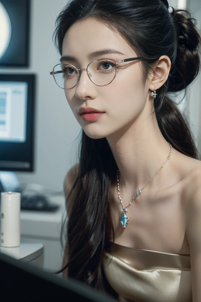 (((best quality))),(((ultra detailed))),(((masterpiece))),illustration,((1 beautiful girl,solo)),((slim,thin)),((small breasts,flat chest)),futuristic laboratory, ((stylish glasses,detailed eyes)), intelligence,((strapless white lab bra)),(short ponytail:1.2), flawless skin,(laughing:1.2),(earrings,crystal necklace), cyberpunk vibe, high-tech equipment, darkened lighting, high-altitude lamps, beakers, flasks, test tubes, computer screens, consoles, terminals, scientific wonderland, desolate surroundings, time warp, motionless, deep in concentration, profound scientific mystery, secrets of the universe, beauty, poignancy, essence of science, mystery, alluring appeal, captivating, enchanting,((close-up of face,from front))