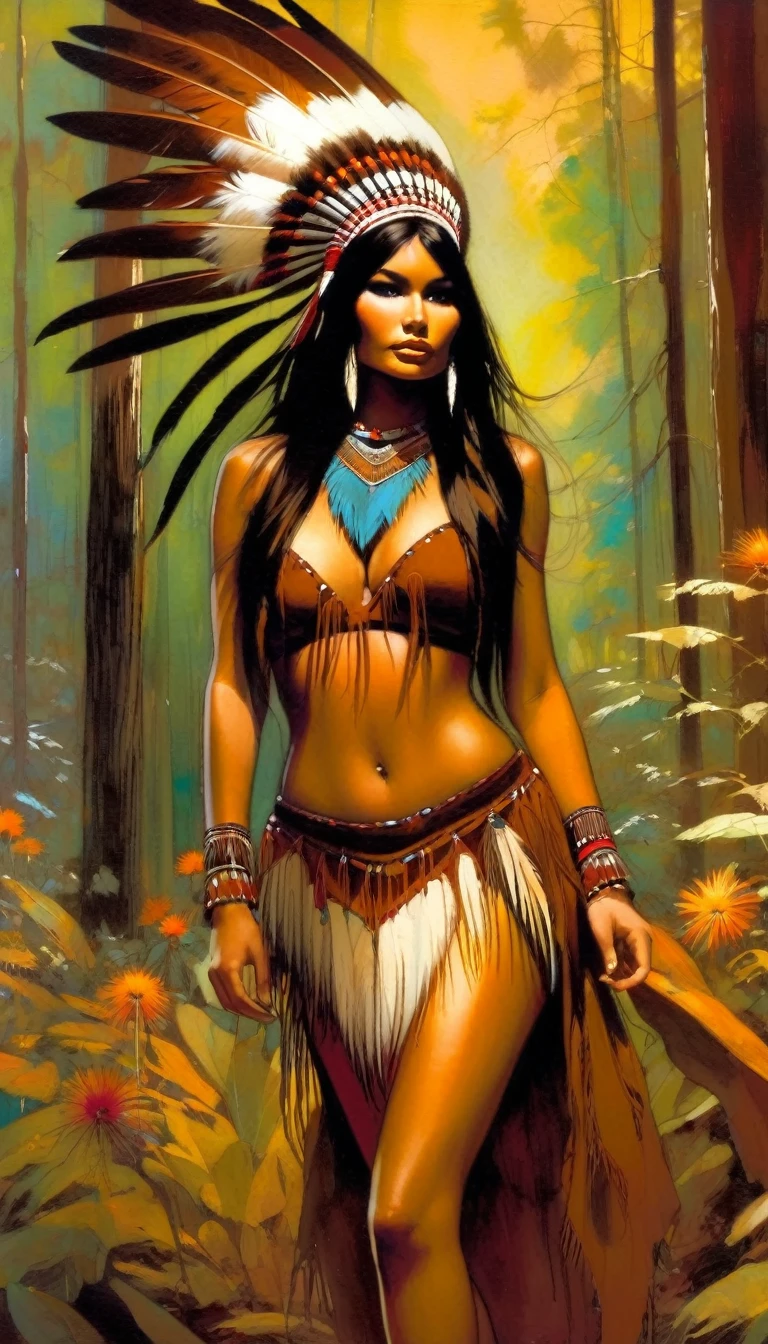 American Indian girl, Indian costume in brown tones, very sexy, feathers, happy observing some flowers, in a very beautiful closed forest, sexy, erotic (art inspired by Bill Sienkiewicz). oil painting)