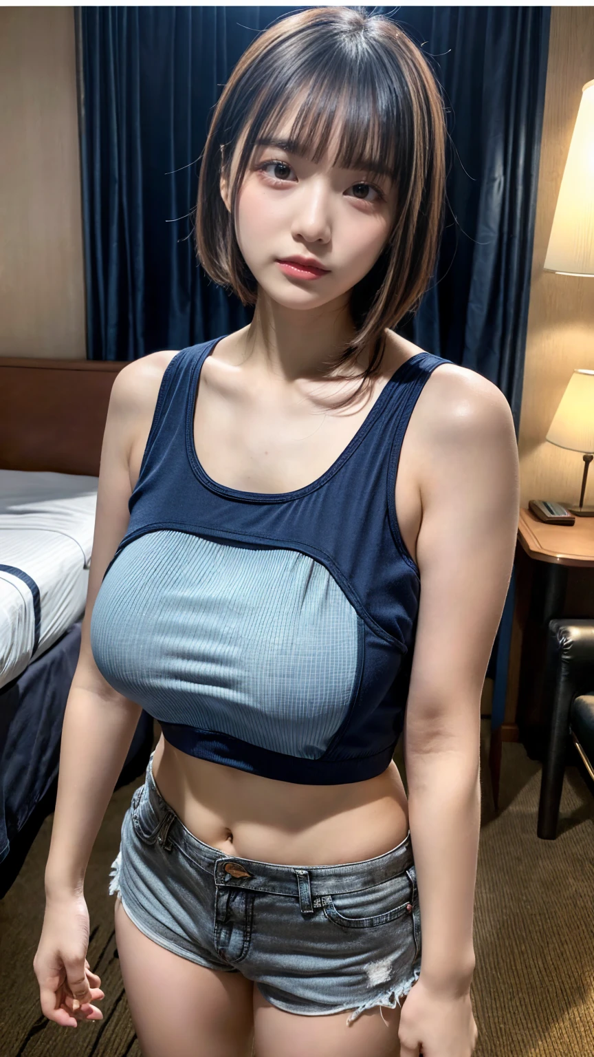 (8K, RAW Photos, Highest quality, masterpiece:1.2), (professional photography, full colors, studio-caliber color grading), (Gravure quality for high-end fashion magazines), close up, BREAK,18 year old girl,(short bob hair:1.1), crying a little, Harajuku style, Big Natural Color Lip, (Plumpy body:1.2 (smooth skin:1.1 (huge breasts:1.2 BREAK (light blue border tank top, navy short shorts), BREAK (hotel room:1.2)