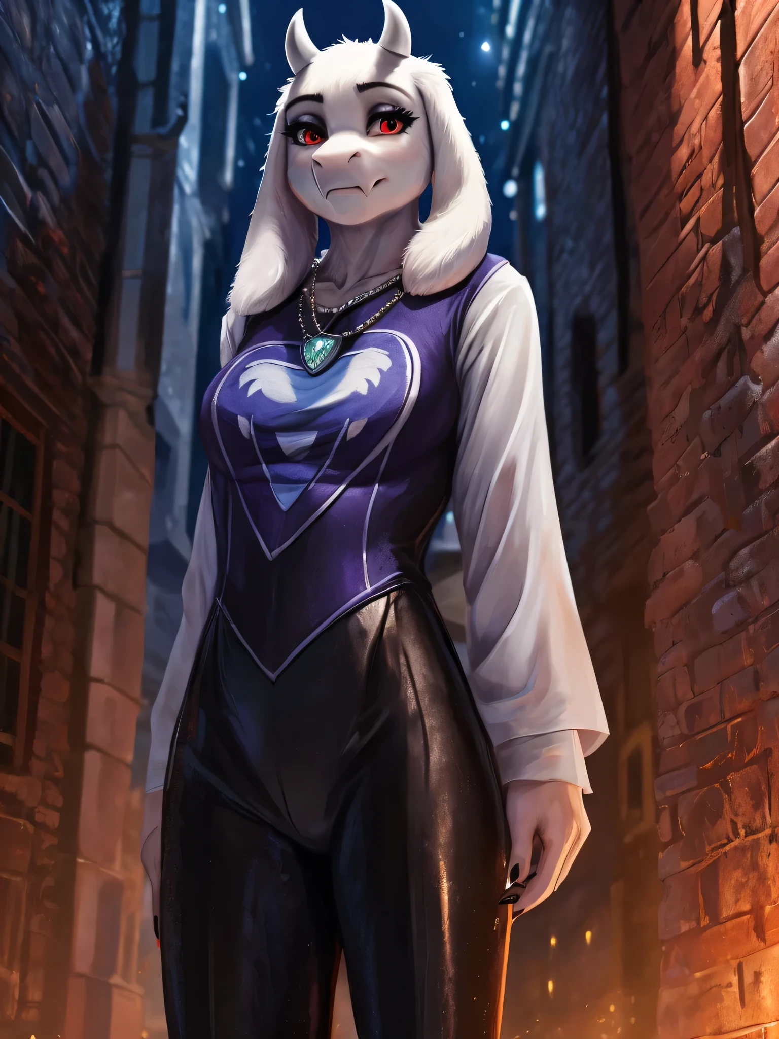 (((Toriel))), (Female goat anthro:1.3), (White fur:1.1), (Standing:1.3), (Foggy night alley:1.23), (Blank expression:1.3), (detailed eyes), (sharp red eyes), detailed background, 8k hd, (dark shadows, low saturated, hdr, low light:1.2), (Thin physique), black eyeshadow, (black skintight shirt, silver necklace, black dress pants), ((Gothic)), Close-up, high detail, highly detailed, digital painting, black fingernails, black makeup, (((Solo)))