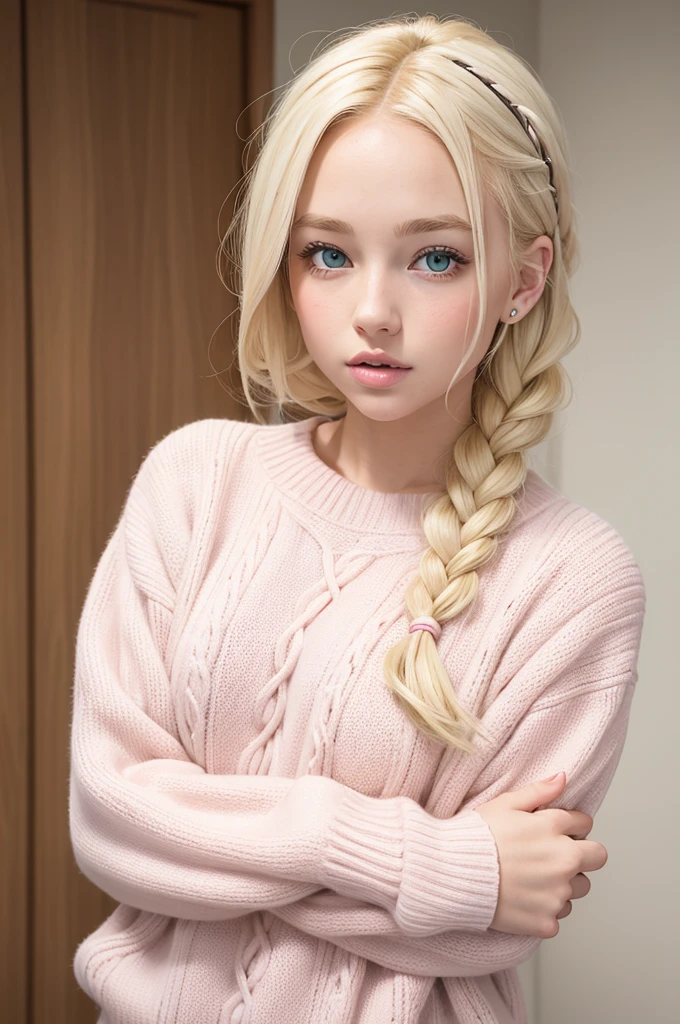 A white girl with blonde hair,greeneyes, rosy cheeks,pink and white allstar sweater