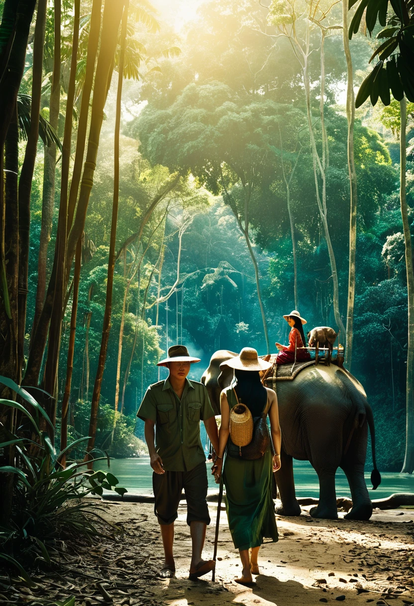 /imagine prompt: "Phet Phra Uma movie poster , dense jungle background, Thai couple hunters in hat dramatic lighting , wild animals like tigers and elephants, mystical elements , treasure artifacts , adventure and mystery vibe" --v 5 --ar 2:3 --style cinematic --contrast high --details fine --elements exotic and historical atmosphere 35mm film dslr photography cinematic film still