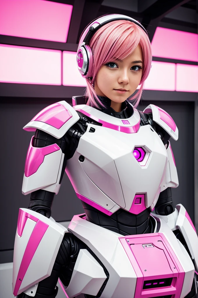 Robot anime girl with white armor and pink hair and pink highlights 