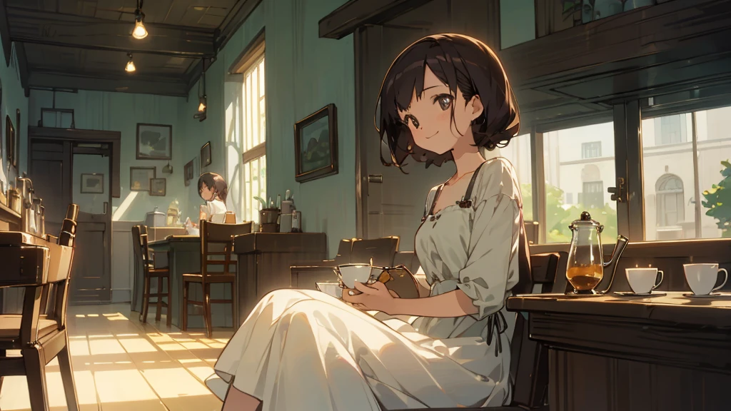 Stylish cafe、Anime Style、Freshly Brewed Coffee、Delicious looking baked goods、Relaxed atmosphere、Cozy atmosphere、Beautiful girl with dark hair sitting and drinking coffee、Wearing a dress、smile、Warm Light、Ghibli style