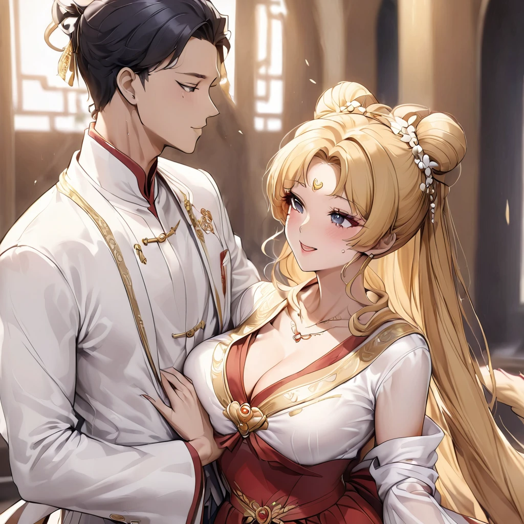 ((Highest quality)), ((masterpiece)), (detailed), (Perfect Face)、The woman is wearing a red wedding dress made of gold embroidered Hanfu fabric in a luxurious Chinese church. She is embracing a middle-aged Chinese man in Hanfu and kissing him in a vow to get married. The man and woman are both wearing engagement rings.、The woman has a gorgeous hairstyle and wears gorgeous jewellery.、The woman is the elegant Tsukino Usagi, with long blonde hair in a chignon twin tail.、A man is dressed in a Hanfu groom costume and is having a wedding with a woman