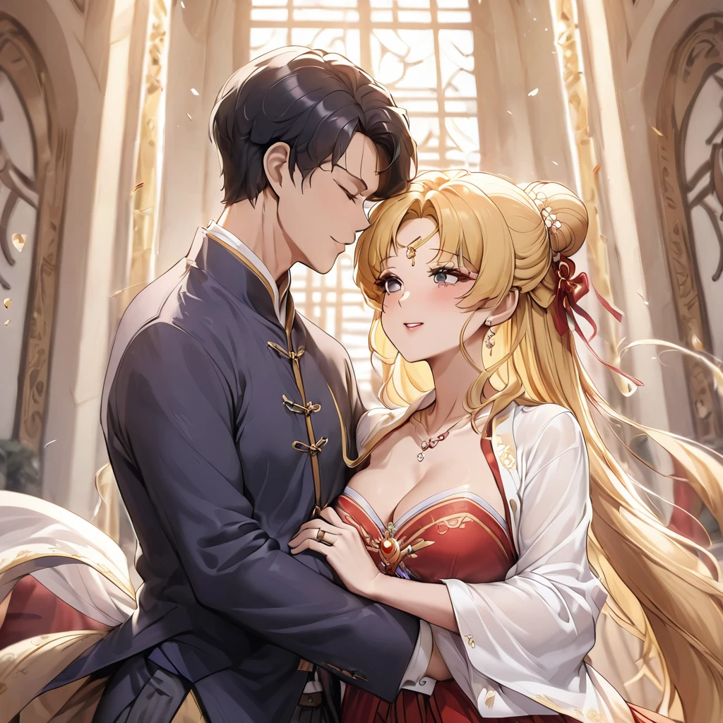 ((Highest quality)), ((masterpiece)), (detailed), (Perfect Face)、The woman is wearing a red wedding dress made of gold embroidered Hanfu fabric in a luxurious Chinese church. She is embracing a middle-aged Chinese man in Hanfu and kissing him in a vow to get married. The man and woman are both wearing engagement rings.、The woman has a gorgeous hairstyle and wears gorgeous jewellery.、The woman is the elegant Tsukino Usagi, with long blonde hair in a chignon twin tail.、A man is dressed in a Hanfu groom costume and is having a wedding with a woman