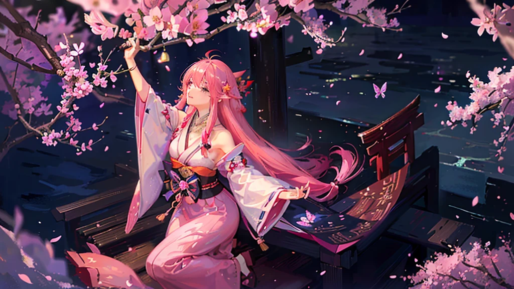 ((high resolution, pink hair, long hair, shrine maiden)) ((mystical, cherry blossoms, butterfly, night, Japanese style, shoulder, shining aura)) (prayer, dance), moon, stars, spring