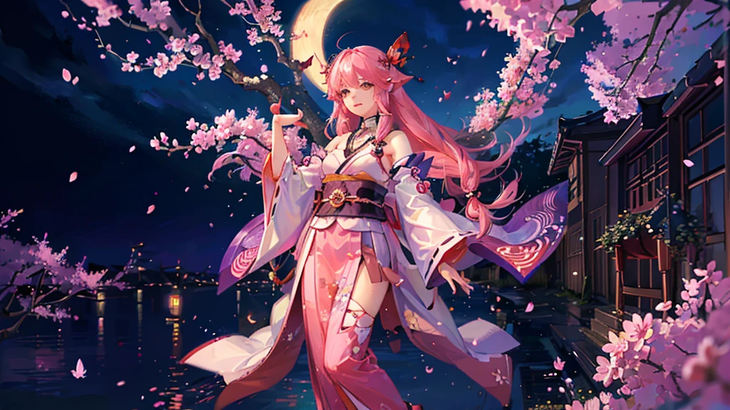 ((high resolution, pink hair, long hair, shrine maiden)) ((mystical, cherry blossoms, butterfly, night, Japanese style, shoulder, shining aura)) (prayer, dance), moon, stars, spring