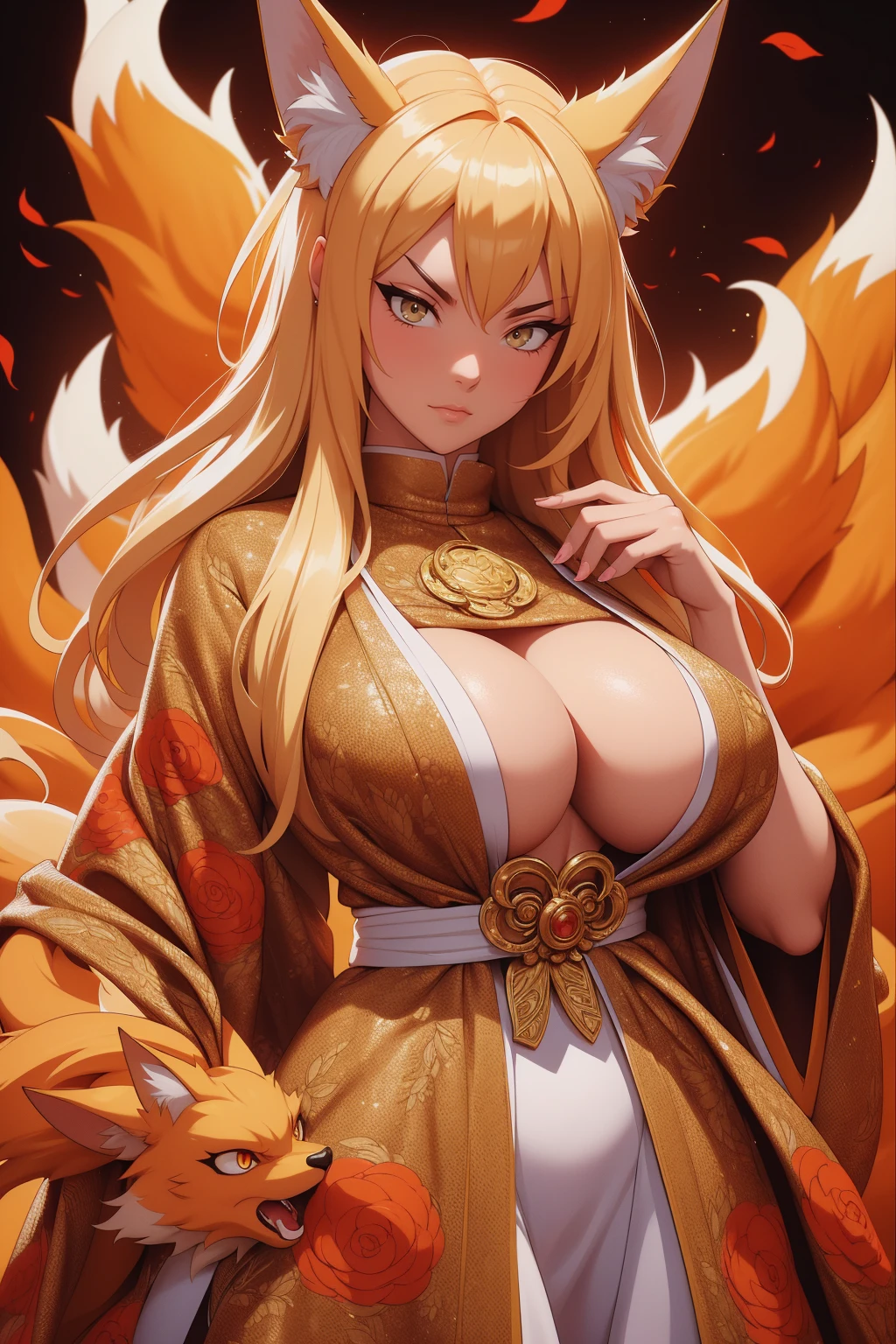 REALISTIC VISION 1.4, BETTER VAE,sharp focus, ultra detail, 32k,realistic photo, intricate details, kitsune, blond hair, (blond hair), gold eyes, intricate details ,woman, nine tails, intricate details,intricate details,big , Voluptuous body, intricate details, Miko, clothes long white dress with red details intricate details, tattoos intricate details, full body,  with a orange nine tails fox , kiuubi (kurama, naruto), angry face,