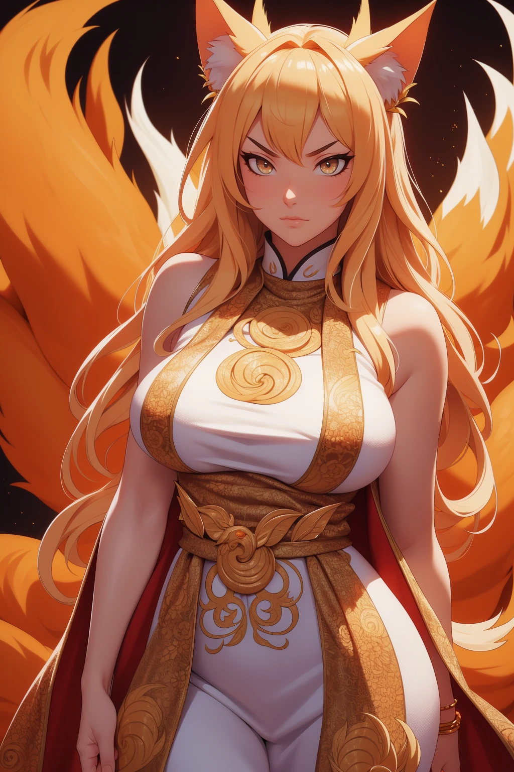 REALISTIC VISION 1.4, BETTER VAE,sharp focus, ultra detail, 32k,realistic photo, intricate details, kitsune, blond hair, (blond hair), gold eyes, intricate details ,woman, nine tails, intricate details,intricate details,big , Voluptuous body, intricate details, Miko, clothes long white dress with red details intricate details, tattoos intricate details, full body,  with a orange nine tails fox , kiuubi (kurama, naruto), angry face,