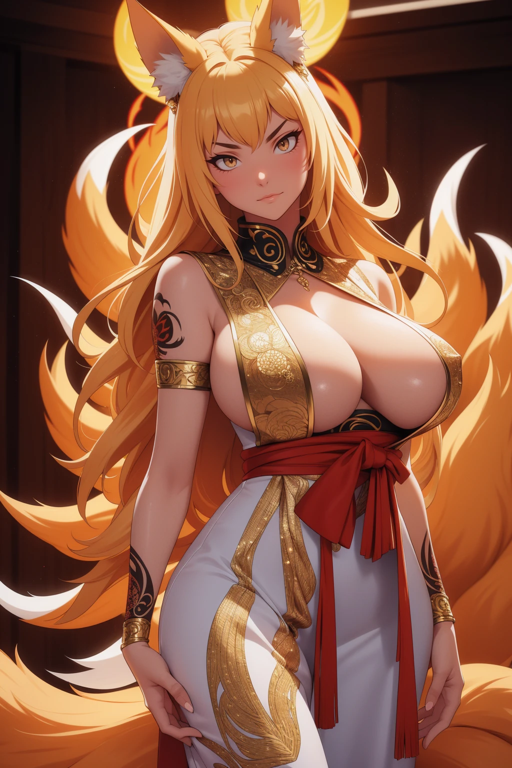 REALISTIC VISION 1.4, BETTER VAE,sharp focus, ultra detail, 32k,realistic photo, intricate details, kitsune, blond hair, (blond hair), gold eyes, intricate details ,woman, nine tails, intricate details,intricate details,big , Voluptuous body, intricate details, Miko, clothes long white dress with red details intricate details, tattoos intricate details, full body,  with a orange nine tails fox , kiuubi (kurama, naruto), angry face,