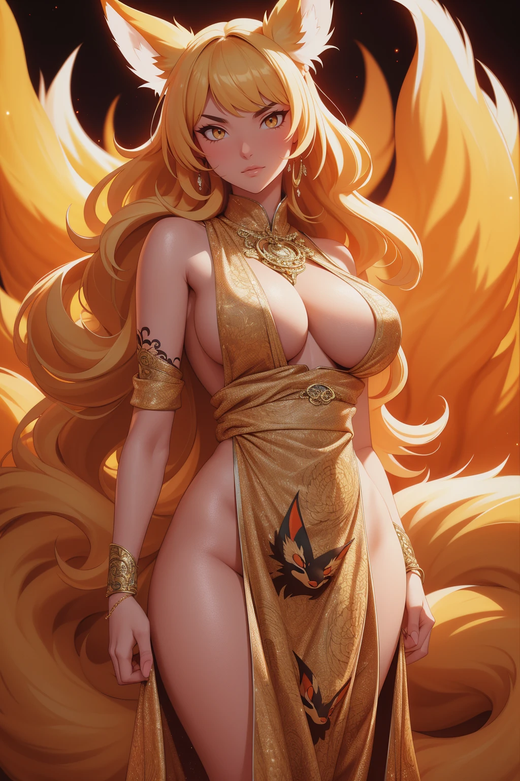 REALISTIC VISION 1.4, BETTER VAE,sharp focus, ultra detail, 32k,realistic photo, intricate details, kitsune, blond hair, (blond hair), gold eyes, intricate details ,woman, nine tails, intricate details,intricate details,big , Voluptuous body, intricate details, Miko, clothes long white dress with red details intricate details, tattoos intricate details, full body,  with a orange nine tails fox , kiuubi (kurama, naruto), angry face,