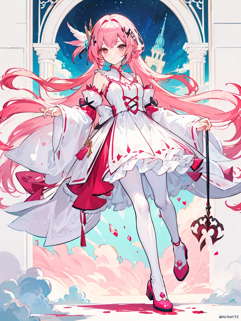 fantasy world girl with colorful hair, accessories, detailed clothes, pantyhose, white and red clothes, pink hair