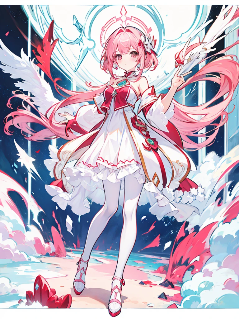 fantasy world girl with colorful hair, accessories, detailed clothes, pantyhose, white and red clothes, pink hair