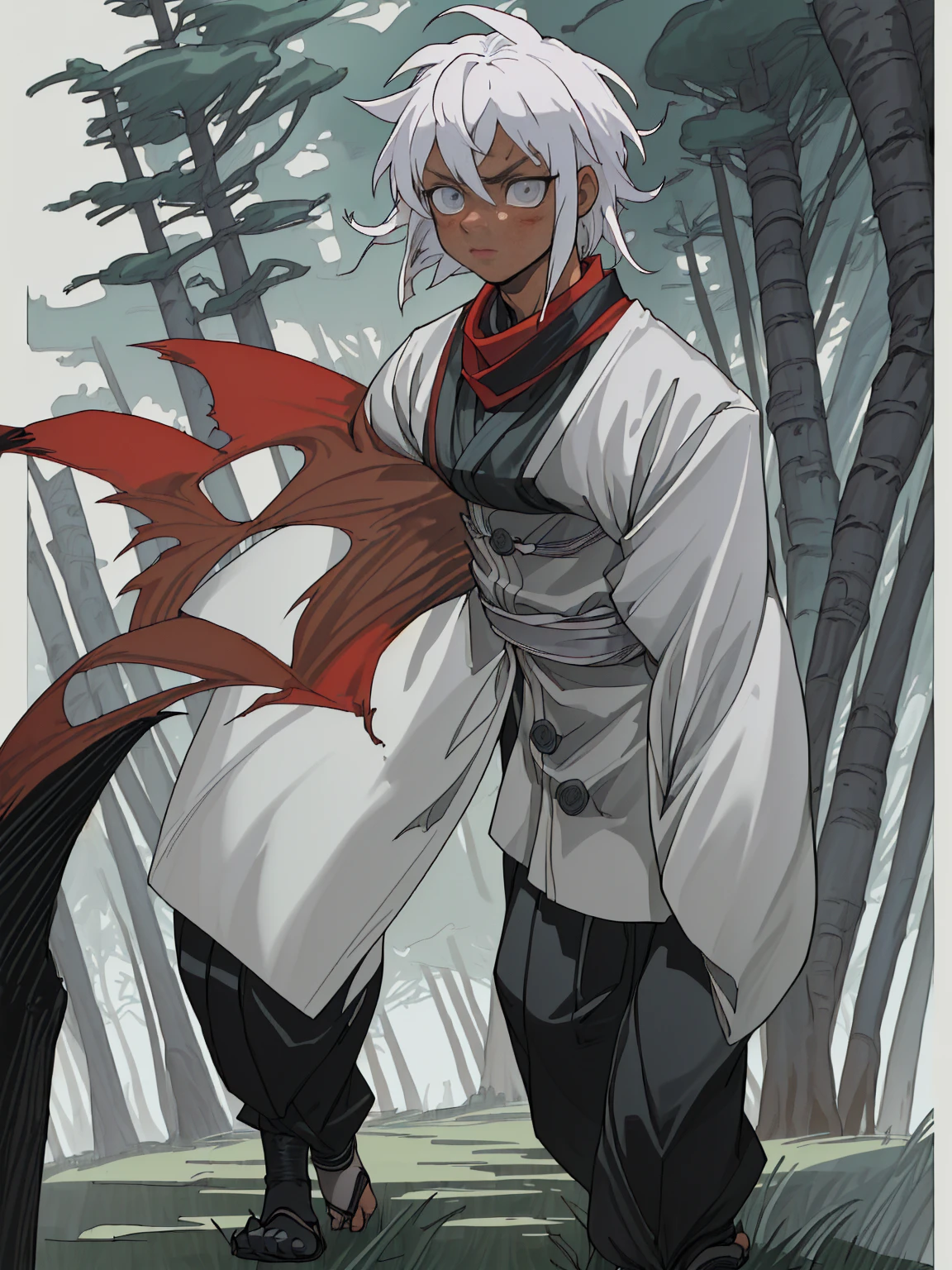 ((masterpiece,best quality,1boy,male focus,masculine,solo,closed mouth,teenager,muscle,muscular)),((((white hair,short messy hair)))),((pale blue eyes,perfect eyes,glowing eyes,perfect face,serious demeanor)),(((dark skin color,standing still,caramel skin color,multicolored haori,white haori,black haori,red scarf,demon slayer outfit))),((forest background,trees,walking on path,grass))