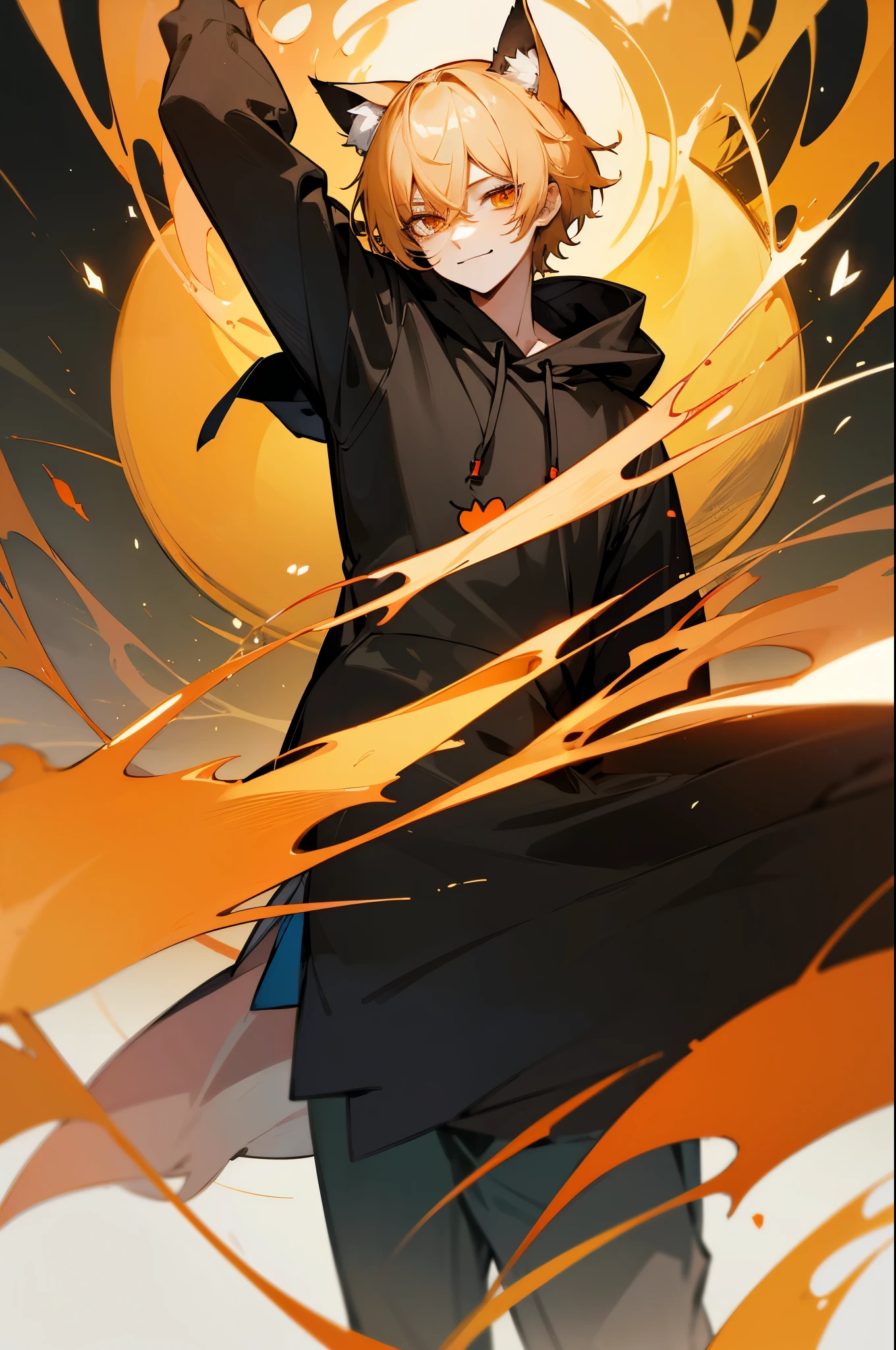 Masterpiece, best quality, high definition, high quality, best quality, 1boy, Evil smile, ((Slender eyes))), Narrow eyes, Sanpaku eyes, Sanpaku eyes, Beautiful young man, Gold Hair, Orange Eyes, Short hair, slit-eyes, black hooded hoodie with wolf ears, White background, Dog Pose, shoulders up, flying black heart,High quality, amount of drawing, pixiv illustration
