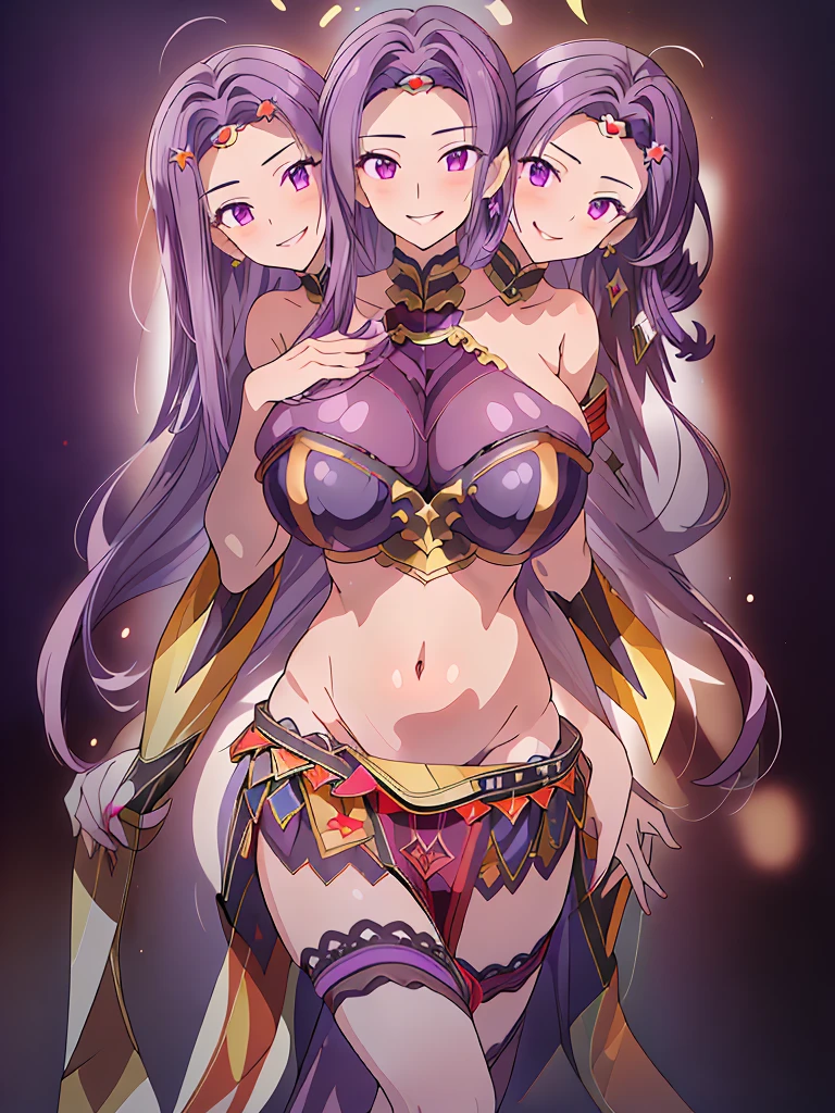 (masterpiece, best quality), best resolution, (3heads:1.5), 1girl, dark violet hair, long flowing hair, smiling, seductive smile, smirk, open belly, dark purple crop top, dark purple miniskirt, open , very huge tits, spose, uring presence, violet eyes,
