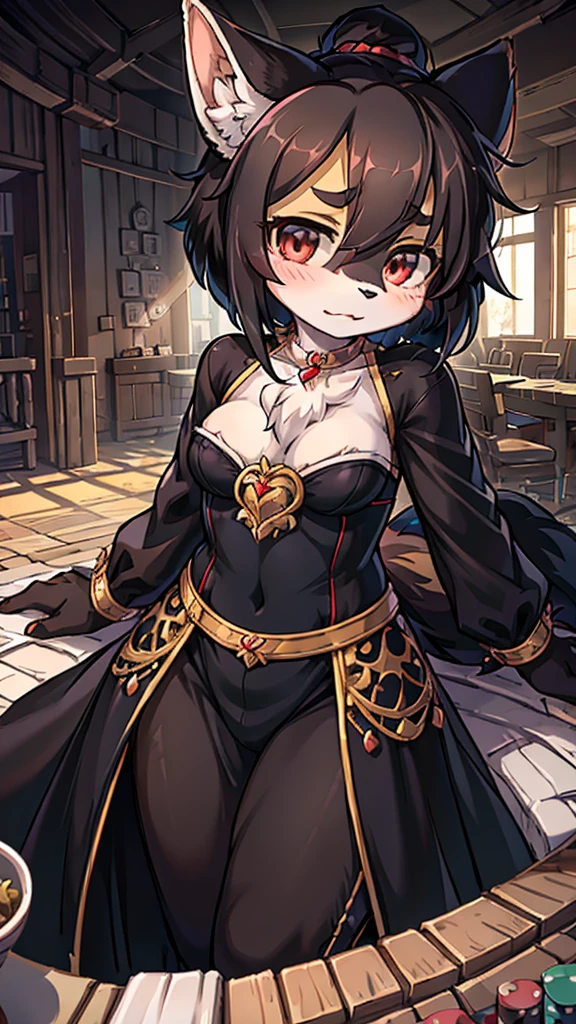 Close-up above the waist，Half side，Poker face狼女孩，Personification狼女孩，Female wolves，Personification，furry，hairy，fuzzy，Body hair，short hair，Noble clothing，Dress，Dress，晚Dress，grace，Poker face，Poker face，Poker face ，Black hair，全身灰Black hair，Dark Skin，Dark skin，Black hair，Ponytail，Long hair，Poker face，贵族Dress，big ear，Wolf Ear Girl，Wolf Tail，cute，Poker face，Cold three no girl，Poker face，****，grace，Slender figure，Girl-like wolf girl，flat chest，Light and Shadow，indoor背景，indoor，cute，Poker face，cool girl，poker face，Princess dress