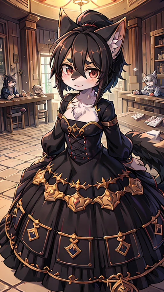 Close-up above the waist，Half side，Poker face狼女孩，Personification狼女孩，Female wolves，Personification，furry，hairy，fuzzy，Body hair，short hair，Noble clothing，Dress，Dress，晚Dress，grace，Poker face，Poker face，Poker face ，Black hair，全身灰Black hair，Dark Skin，Dark skin，Black hair，Ponytail，Long hair，Poker face，贵族Dress，big ear，Wolf Ear Girl，Wolf Tail，cute，Poker face，Cold three no girl，Poker face，loli，grace，Slender figure，Girl-like wolf girl，flat chest，Light and Shadow，indoor背景，indoor，cute，Poker face，cool girl，poker face，Princess dress