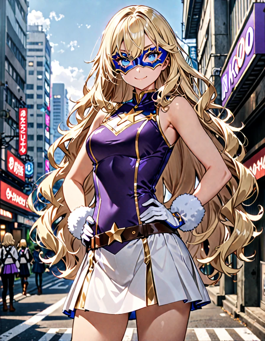 One girl, Medium chest, (((Upper Body))),(((leotard, 白色と青色のleotard, No sleeve, White mini skirt))),(((白色と青色のleotard))), ((Tight belt, Gold Belt)), ((boots, matching boots, ankle boots, white boots)), ((gloves, white gloves)), Urban Background, tokyo Urban Background, alone, single, Hands on hips, Are standing, (((Upper Bodyショット))), Cowboy Shot, Superhero, ((Beautiful attention to detail)), (Gold star symbol on chest), (((Purple eye mask))),(((blue eyes))),(((Blonde Hair, Medium length fluffy hair, blue eyes))),(((Serve deco))),(((Center-parted bangs))),(((Long hair between the eyes))),(smile), (Perfect Anatomy), masterpiece, (((Highest quality))),