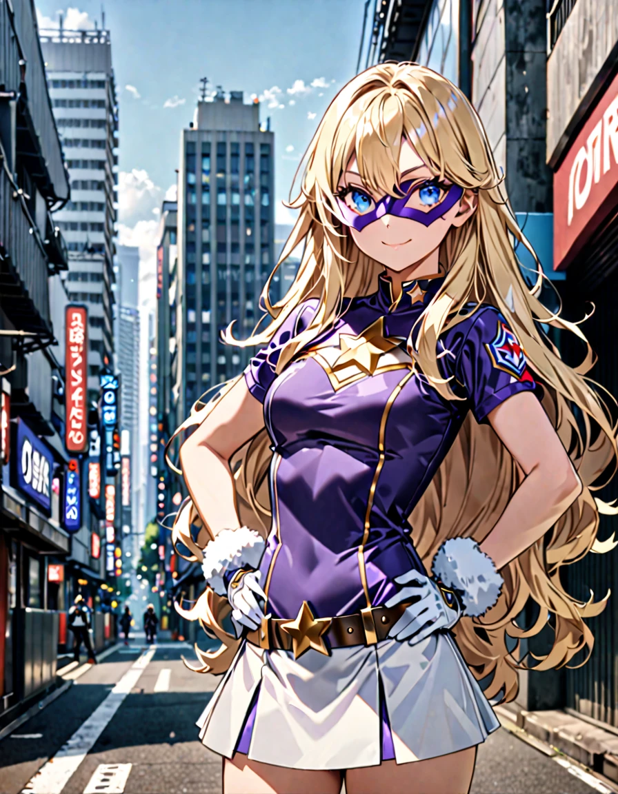 One girl, Medium chest, (((Upper Body))),(((leotard, 白色と青色のleotard, No sleeve, White mini skirt))),(((白色と青色のleotard))), ((Tight belt, Gold Belt)), ((boots, matching boots, ankle boots, white boots)), ((gloves, white gloves)), Urban Background, tokyo Urban Background, alone, single, Hands on hips, Are standing, (((Upper Bodyショット))), Cowboy Shot, Superhero, ((Beautiful attention to detail)), (Gold star symbol on chest), (((Purple eye mask))),(((blue eyes))),(((Blonde Hair, Medium length fluffy hair, blue eyes))),(((Serve deco))),(((Center-parted bangs))),(((Long hair between the eyes))),(smile), (Perfect Anatomy), masterpiece, (((Highest quality))),