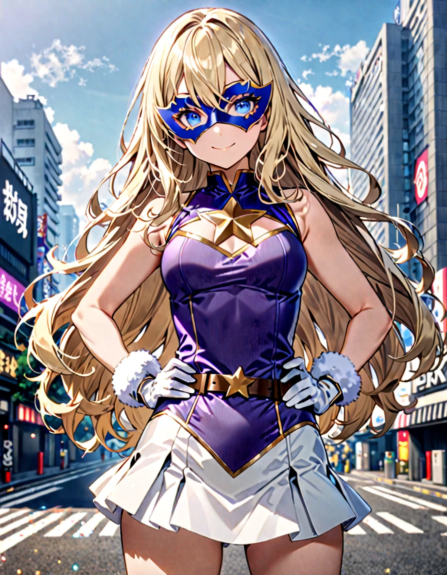 One girl, Medium chest, (((Upper Body))),(((leotard, 白色と青色のleotard, No sleeve, White mini skirt))),(((白色と青色のleotard))), ((Tight belt, Gold Belt)), ((boots, matching boots, ankle boots, white boots)), ((gloves, white gloves)), Urban Background, tokyo Urban Background, alone, single, Hands on hips, Are standing, (((Upper Bodyショット))), Cowboy Shot, Superhero, ((Beautiful attention to detail)), (Gold star symbol on chest), (((Purple eye mask))),(((blue eyes))),(((Blonde Hair, Medium length fluffy hair, blue eyes))),(((Serve deco))),(((Center-parted bangs))),(((Long hair between the eyes))),(smile), (Perfect ???????), masterpiece, (((Highest quality))),