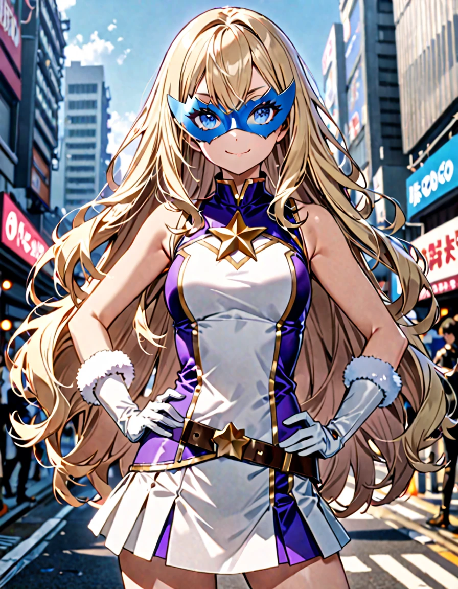 One girl, Medium chest, (((Upper Body))),(((leotard, 白色と青色のleotard, No sleeve, White mini skirt))),(((白色と青色のleotard))), ((Tight belt, Gold Belt)), ((boots, matching boots, ankle boots, white boots)), ((gloves, white gloves)), Urban Background, tokyo Urban Background, alone, single, Hands on hips, Are standing, (((Upper Bodyショット))), Cowboy Shot, Superhero, ((Beautiful attention to detail)), (Gold star symbol on chest), (((Purple eye mask))),(((blue eyes))),(((Blonde Hair, Medium length fluffy hair, blue eyes))),(((Serve deco))),(((Center-parted bangs))),(((Long hair between the eyes))),(smile), (Perfect ???????), masterpiece, (((Highest quality))),