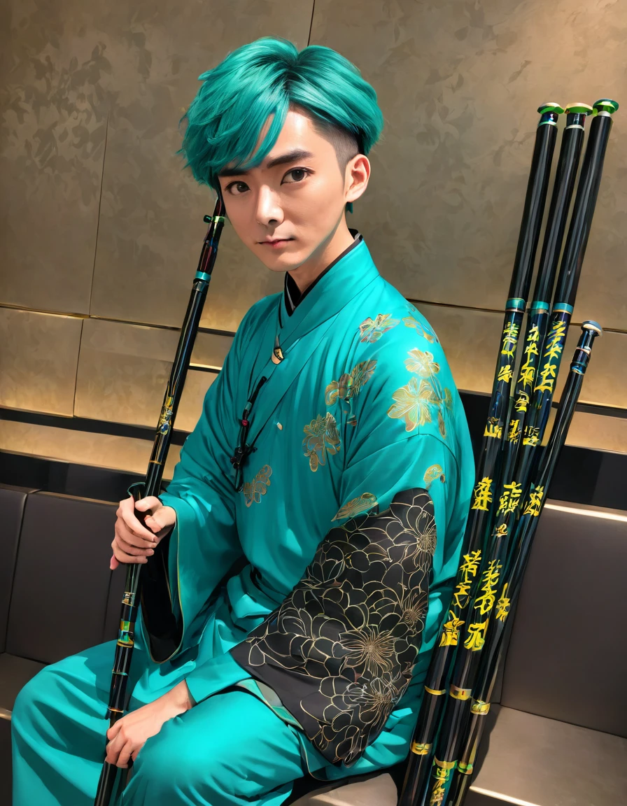8k, Best Quality, Masterpiece, cinematic lighting, intricate, simple background, detailed face, whole body, (describe:1.2), (pop art:1.3), line art, , , 1 Young man, short turquoise hair, session, hanfu, ski style,, ,