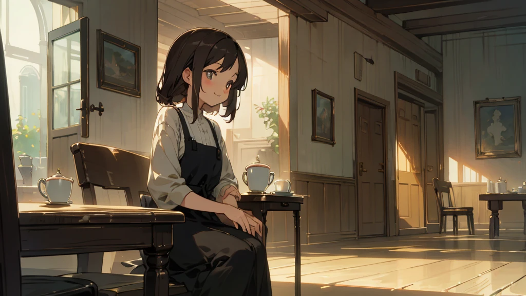 Stylish cafe、Anime Style、Freshly Brewed Coffee、Delicious looking baked goods、Relaxed atmosphere、Cozy atmosphere、Beautiful girl with dark hair sitting and drinking coffee、Wearing a dress、smile、Warm Light、avert your eyes、Ghibli style