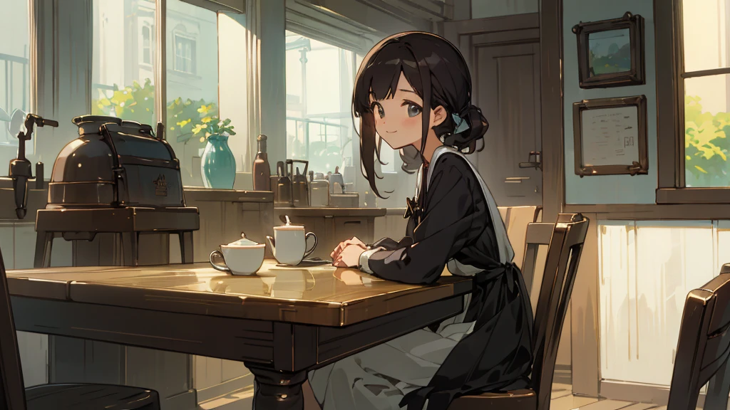 Stylish cafe、Anime Style、Freshly Brewed Coffee、Delicious looking baked goods、Relaxed atmosphere、Cozy atmosphere、Beautiful girl with dark hair sitting and drinking coffee、Wearing a dress、smile、Warm Light、avert your eyes、Ghibli style