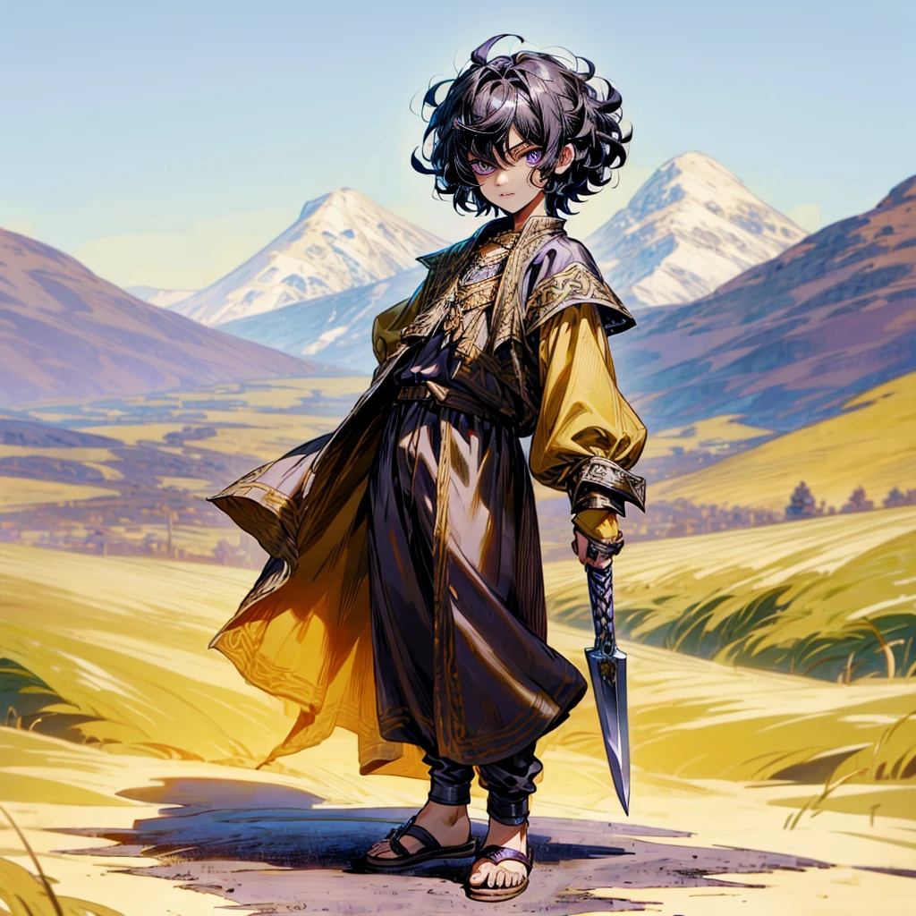 1little boy, Full body version, 1character, purple eyes, black skin, short Curly hair, upturned eyes type, black colour hair, Renaissance clothing, yellow color clothing, Renaissance sandals, two dagger knife silver in hand, wood armor vest, Grassroots background in mountains