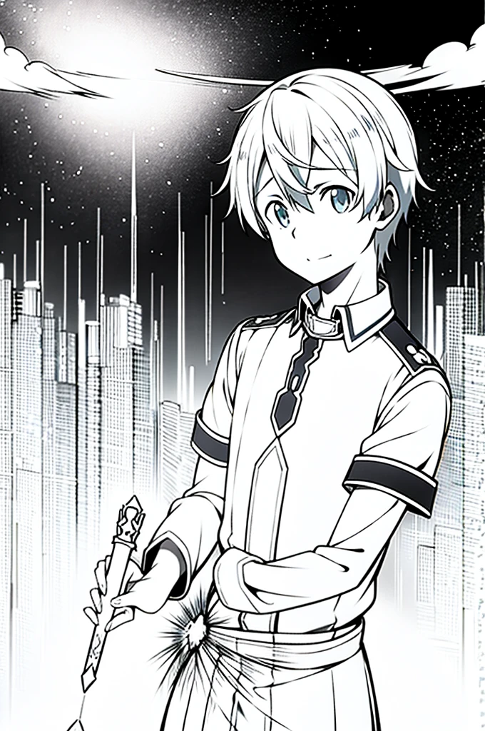 eugeo sword art online, looking at viewer, boy, masterpiece, laughing with a sad look, high quality, 4k, starfall, black and white