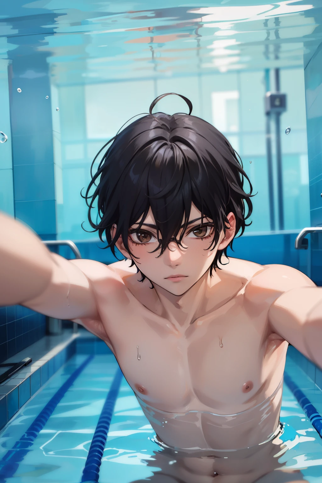 masterpiece, best quality,,1boy, solo, black hair, brown eyes, hair between eyes, Swimming in the pool, underwater, Swimsuit,16k resolution