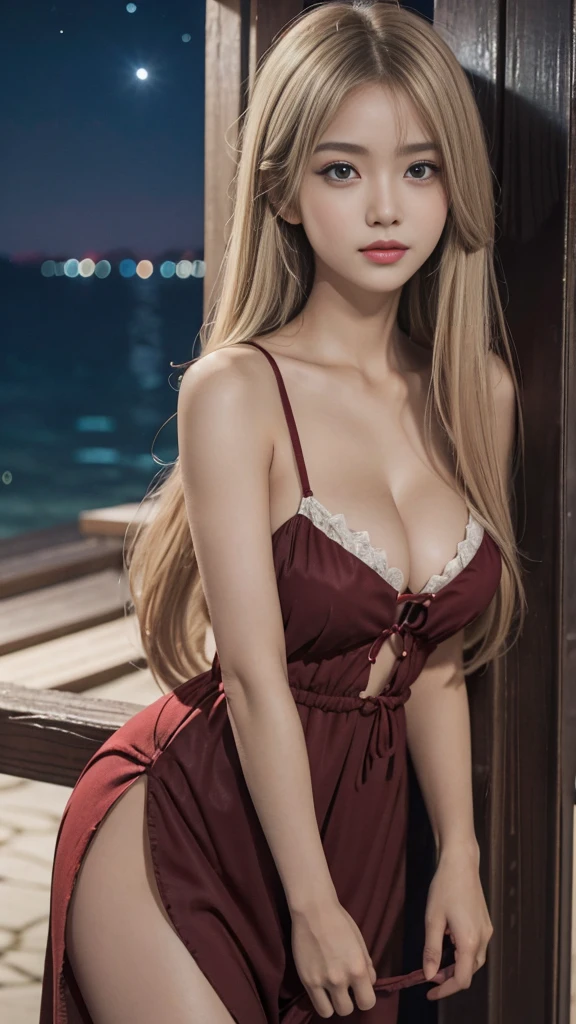 full hd 8k, Girl standing in front of a dark night scene, full moonlight reflecting on her beautiful face. Her long, silky hair was gently blown by the night wind, creating a gentle and romantic feeling. She is walking on a large beach. She looked up at the starry sky, as if searching for something, her eyes showing a pensive and lonely look. The full moon shines in the night sky creating a beautiful scene. The girl has long, strands of hair, Light blonde hair, a luxurious and noble beauty. The moonlight shines on the girl's delicate face, highlighting her large, round light brown eyes, creating a natural, gentle beauty. She wore a sexyly red traditional dress to create a sexy beauty. Her plumble breasts were exposed, revealing her plumble and extremely sexy breasts. These images capture detailed panoramic portraits and views of the sky and sea. All create a beautiful, wonderful picture that makes people unable to take their eyes off the scene. All of these details are depicted clearly and sharply, creating sexyly poses,