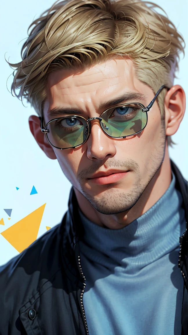 Realist，（masterpiece，Ariba Quality，Highest quality，Official Art，beauty：1.2），He is very knowledgeable，Fractal Art，color，More detailed，Tangled，（Abstract background：1.5）（1：1.3）,Nanami，Light blonde hair，Short detailed hair，（Blue Sunglasses ,Tall and strong,青いシャツと黒い斑点のある黄colorのネクタイ，Avistic，(Posing with glasses)，Handsome