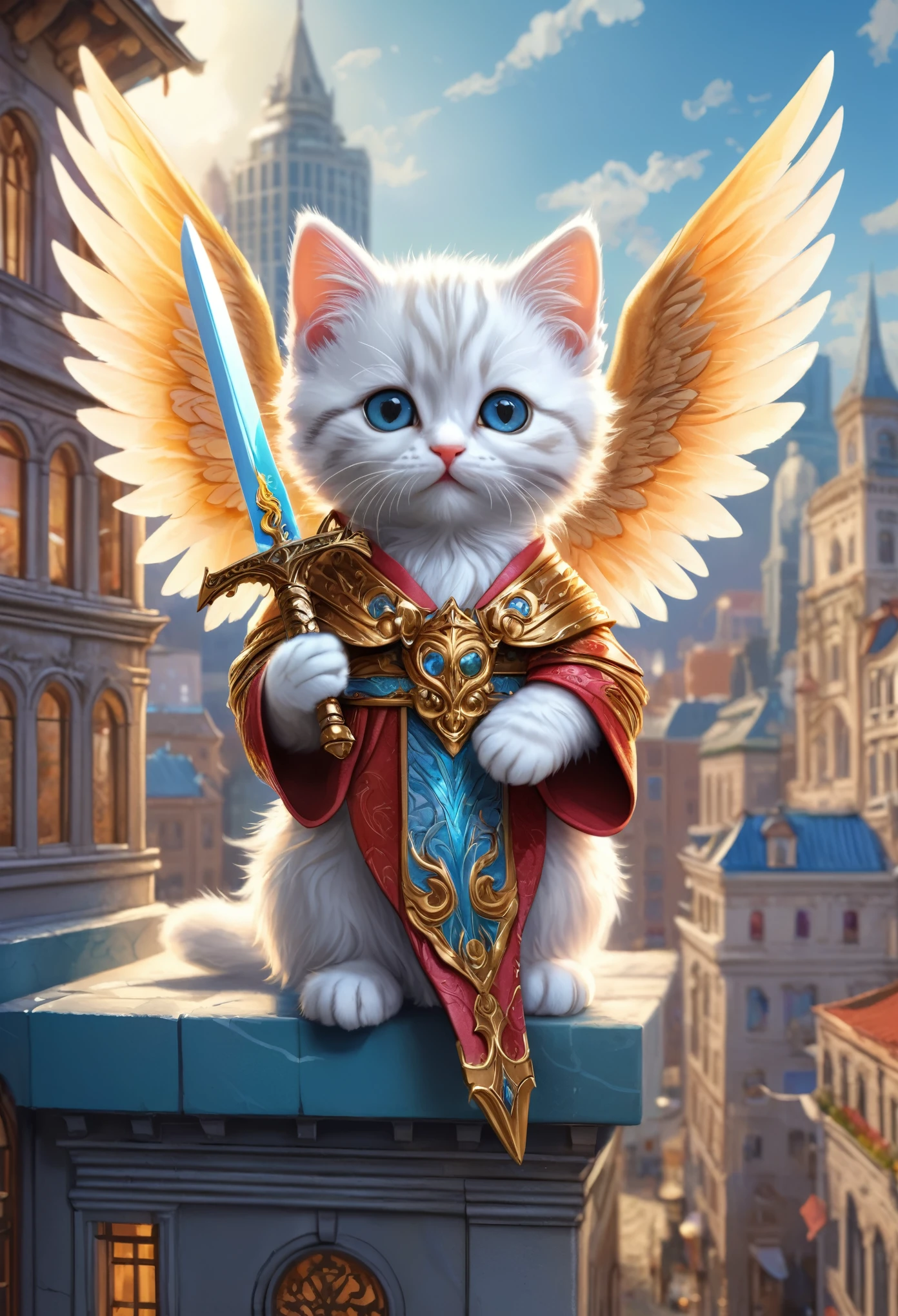 (Soft epic drawing:1.3), close-up of (cute anthropomorphic kitten angel:1.3) (holding long sharp magic blade:1.2), (long intricate robe:1.2), wide wings, (sitting on edge of modern building:1.3), colorful buildings, masterpiece in maximum 16K resolution, best quality, ultra detailed.