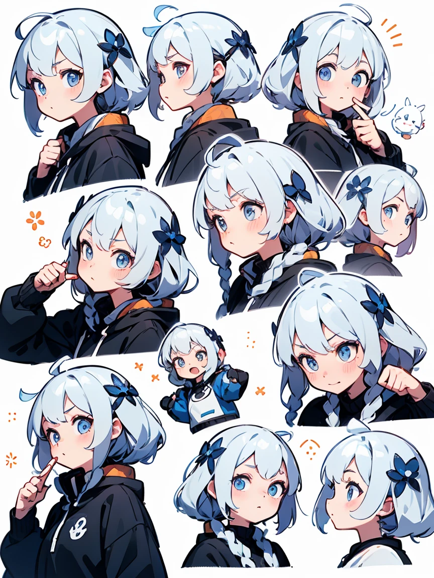 Cute pancial features,Emoji description,whole body,various expressions and actions,Exaggerated actions,hapiness,angry,Fear,Emotions such as surprise,White background,Cute style,illustration,Light white and blue,Emoticon Art Design,Exquisite details,Ultra HD,8K,Nine Palace Grid Layout,(Detailed avatar table, Front diagram, side view, three quarter view:1.5), (White background:1.5)
